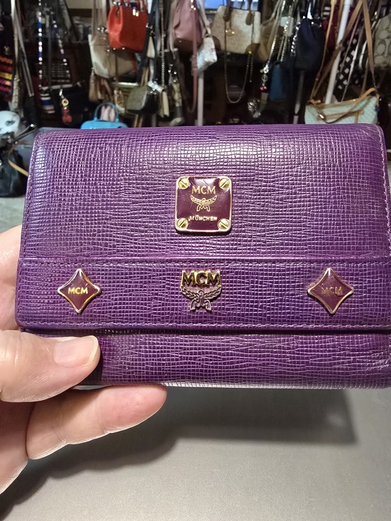 MCM Handbags - MCM EUC Purple Leather Logo Trifold Wallet with Gold Hardware & 2 MCM Charms 5.5